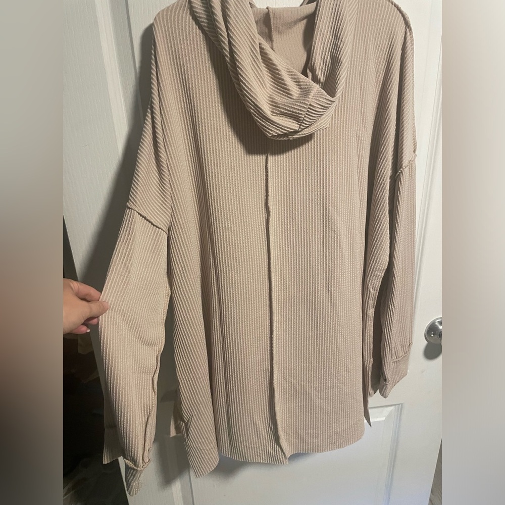 Reg. & Plus Size Casual Ivory Mineral Washed Ribbed Knit Lightweight Hoodie - Picture 14 of 14